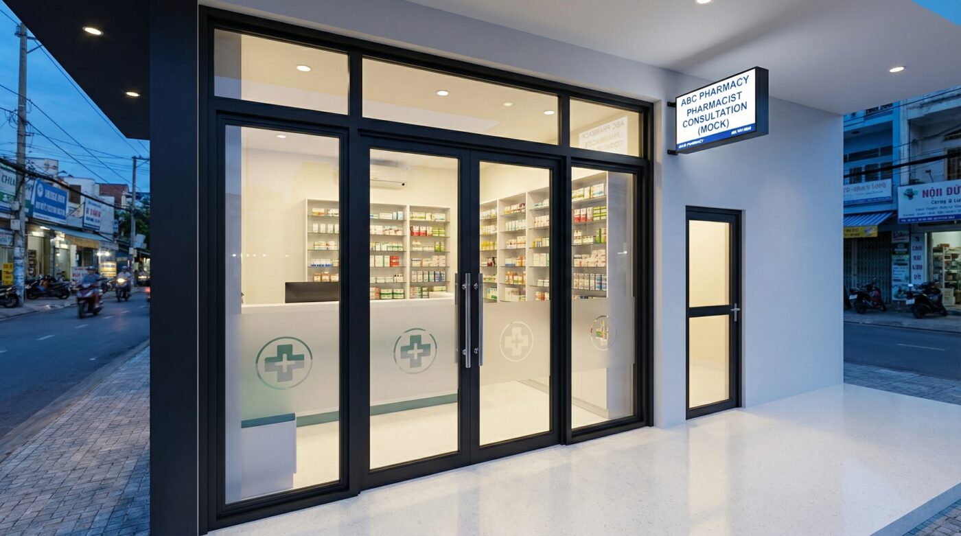 Thi Công Nhôm Kính Cho Nhà Thuốc/Phòng Khám: Cửa Kính – Vách Kính – Mặt Dựng