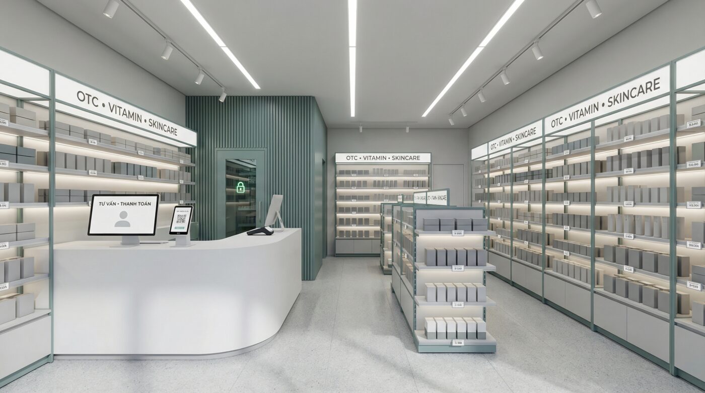 Thi Công Quầy Thuốc Nhỏ 10–20m²: Bố Trí Kệ – Quầy – Kho Chuẩn, Đẹp Mắt