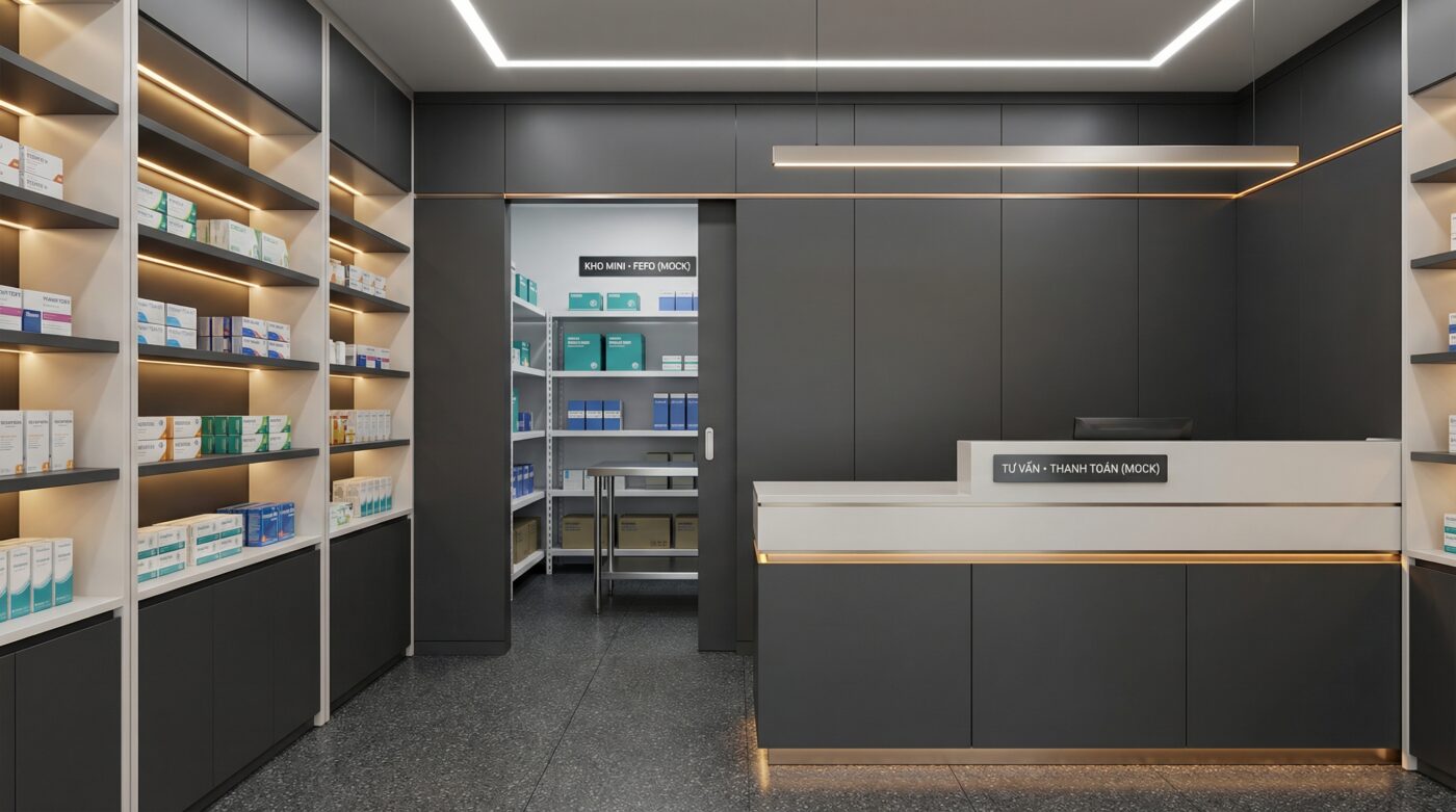 Thi Công Quầy Thuốc Nhỏ 10–20m²: Bố Trí Kệ – Quầy – Kho Chuẩn, Đẹp Mắt